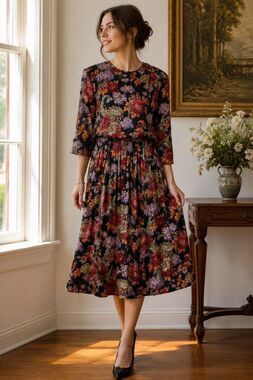 Vintage 80's Dennis Goldsmith Floral Smocked Midi Dress sz 14 Boho Festival Gran